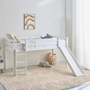 Children's Loft Bed with Slide, White, 90 x 200 cm, Wooden Frame with Ladder