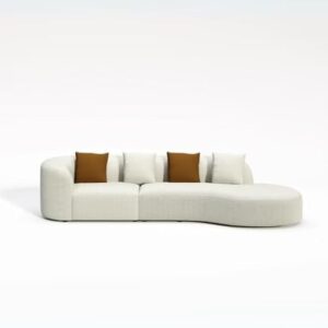 Curved Fabric 4-Seater Sofa, Contemporary Design, Cream with Brown Accent Pillows