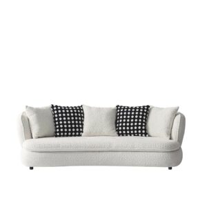 Modern Curved Sofa, 220 cm Length, White Fabric with Cushions, 3 Seater