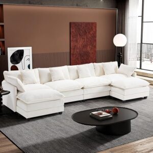 Ihanherry 146" U-Shaped Modern Sofa Modular Sectional Cloud Couch with 2 Ottoman, 6-Seat Chenille Deep Seat Sofa with 6 Pillows for Living Room, Bedroom and Apartment,